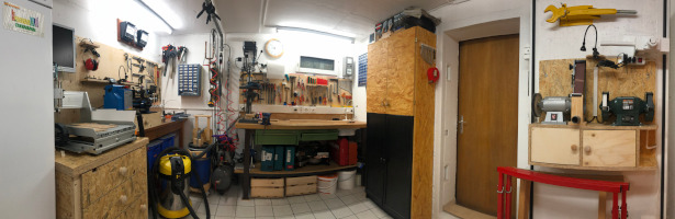 My mechanical (and woodworking) workshop as it was in 2020. (click to enlarge)