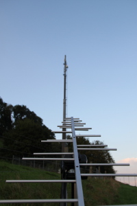 A log periodic antenna aiming at a GSM base station, about 50 m away.
