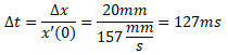 Deltat=Deltax/x'(0)=20mm/157mm/s=127ms