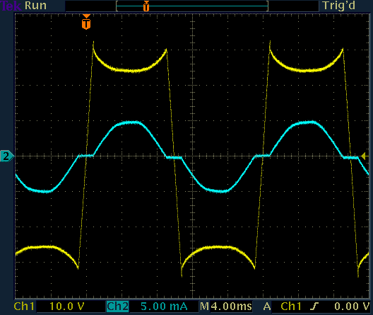 Current and voltage a functions of time for a DB3 diac. Voltage is yellow (CH1) and current is cyan (CH2).