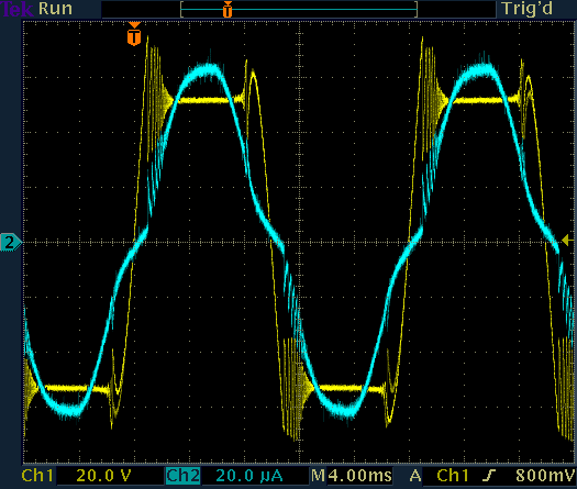 Current as a function of time for a neon glow lamp driven with a high value ballast resistor.