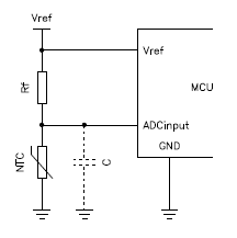 Typical connection of an NTC in a voltage divider to drive the ADC of a microcontroller. The optional filter capacitor is a good idea to reduce noise.