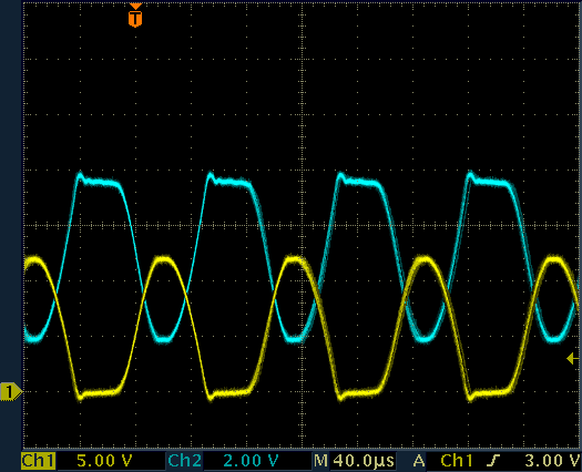 Waveforms on the high voltage generator. CH1: transformer pin 4, CH2: transformer pin 3. No load on the output.