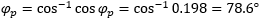 phi_p = cos^-1(⁡cos(phi_p)) = cos^-1(⁡0.198) = 78.6°