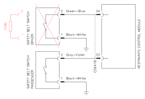 Circuit diagram of the modification to disable seatbelt reminder chime. (click to enlarge)