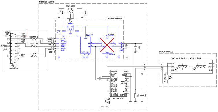 Circuit diagram of the OBD-II boost gauge. (click to enlarge)