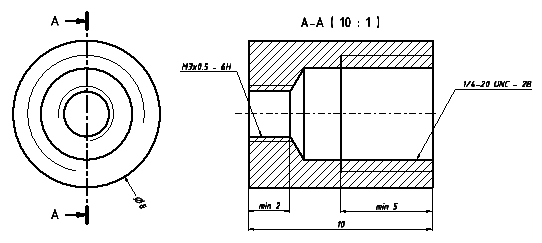 Plan of the brass insert with two axial tapped holes. (click to enlarge)