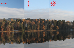 A landscape with a blue sky. Left: horizontally polarized; middle: vertically polarized; right: not polarized. 35 mm, f/5.6, 1/200 s 1/400 s 1/1000 s, ISO-400. Exposure was adjusted to take into account polarizer losses. (click to enlarge)